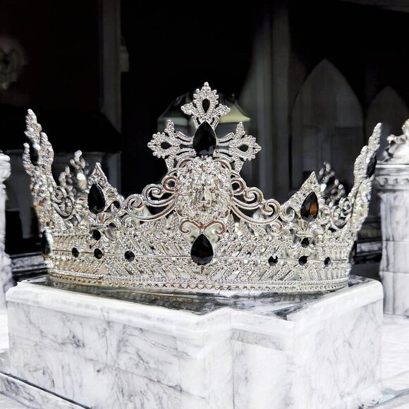 Silver Lion King Crown, Prince Wedding Headpiece, Black Crystal Crown for Groom main image 8